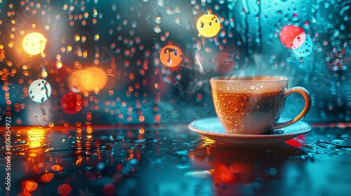   A cup of coffee on a saucer  situated before a rain-splattered window