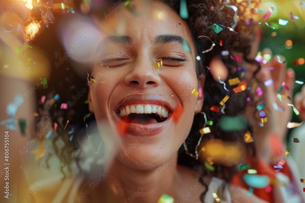 Close-up of a woman's joyful reaction as she receives congratulations from loved ones at a special celebration. Close-up of a woman's joyful reaction as she receives congratulations from loved ones at a special celebration.