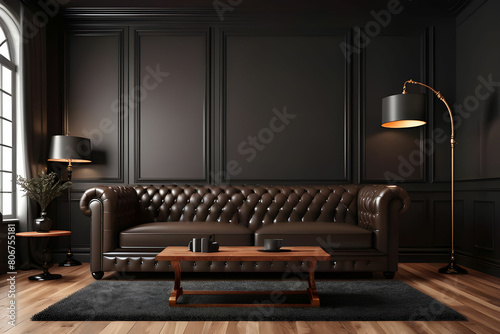 Modern classic black interior with capitone brown leather chester sofa, floor lamp, coffee table, carpet, wood floor, mouldings. 3d render interior mock up.