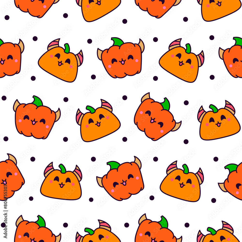 Fototapeta premium Cute kawaii Halloween pumpkin. Seamless pattern. Holidays cartoon character. Monsters faces. Hand drawn style. Vector drawing. Design ornaments.