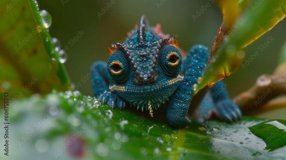 Obraz premium A tight shot of a tiny blue frog perched on a leaf, adorned with water droplets on its back legs