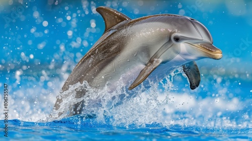   A dolphin leaps out of the water  mouth agape  head clear of the surface