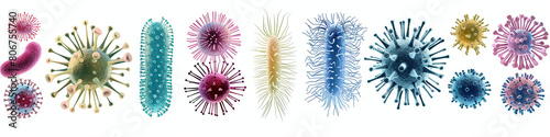 Colorful illustration of various virus particles in different shapes and sizes, representing diversity in virus morphology.