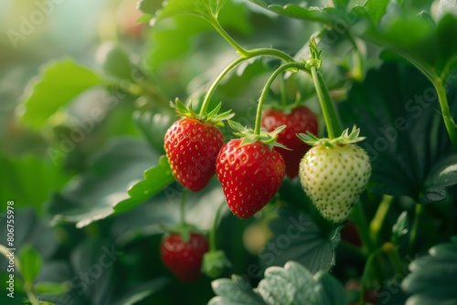 Close-up of hydroponic strawberries ripening on the vine  highlighting pesticide-free fruit production.