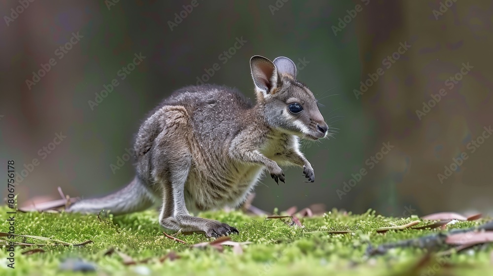   A tight shot of a tiny kangaroo on a blanket of grass Foreground filled with detailed leaves Background softly blurred