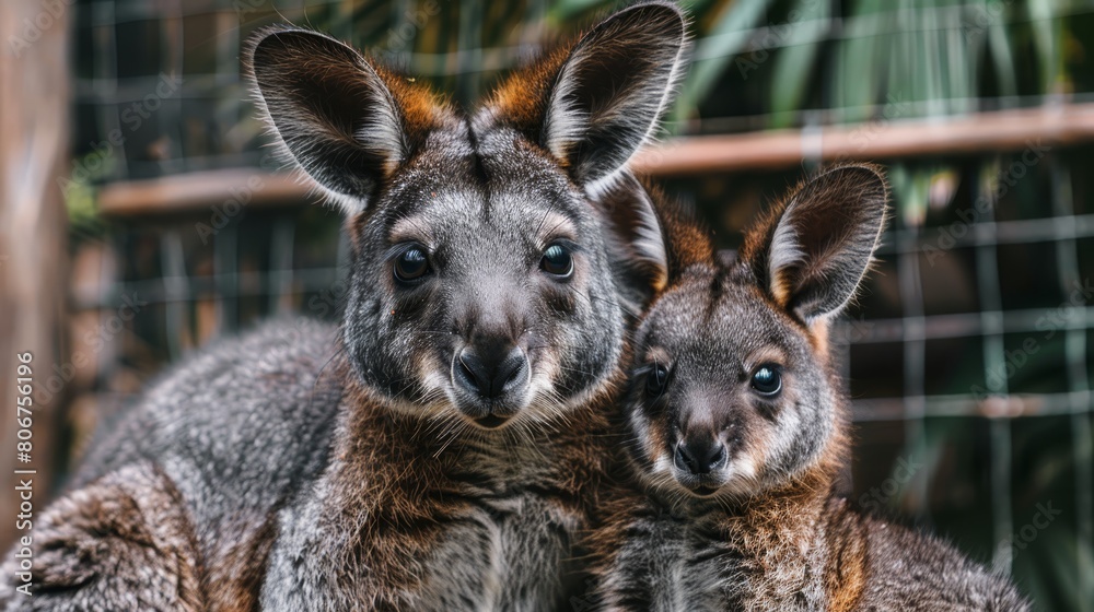 A pair of kangaroos standing side by side in a fenced enclosure, surrounded by trees in the backdrop A pair of kangaroos standing side by side in a fenced enclosure, surrounded by trees in the backdrop