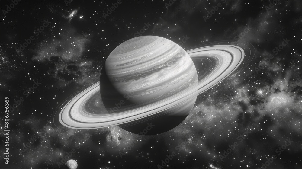 Naklejka premium Black and white filter collage image of virtual cyber simulation saturn planets stars in planetarium