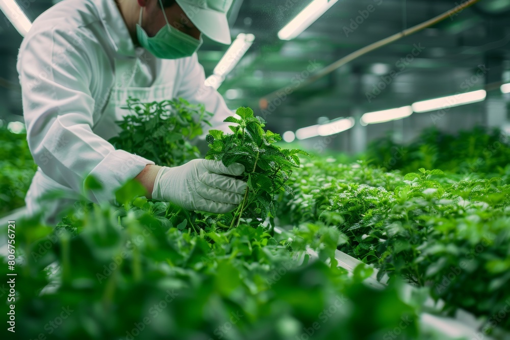 Farmer tending to hydroponic herbs like mint and cilantro, showcasing diverse crop cultivation in soil-less systems.