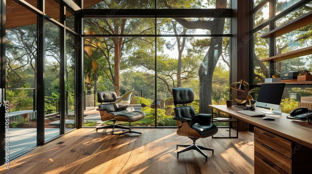 scenic landscape view home office with floor - to - ceiling windows featuring a brown wooden desk, black and green chairs, and a black phone on a wood floor