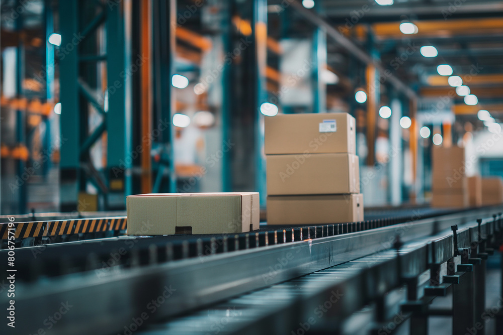 Warehouse with cardboard boxes on conveyor and parcel shelves