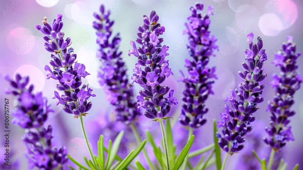 Naklejka premium A tight shot of purple lavender blooms with a softly blurred foreground of additional lavender flowers