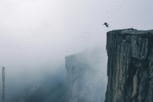 Person jumps from a high cliff into a foggy abyss in a dramatic landscape