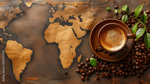 Coffee cup and beans on the world map. Top view