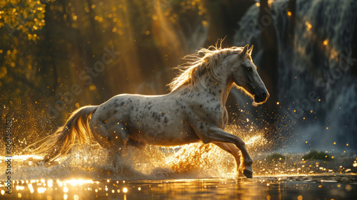 Equestrian Majesty  Dynamic horse  cascading waterfall  sunlight rays.generative ai