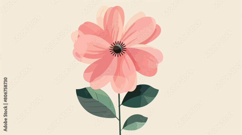 Cute pink flower with leaves Vector illustration. Vector