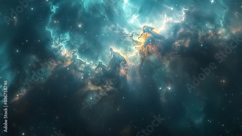 A panoramic view of a galaxy, featuring a dramatic night sky in dark blue-green with scattered starbursts and a nebulous glow, offering a window into the cosmos. photo