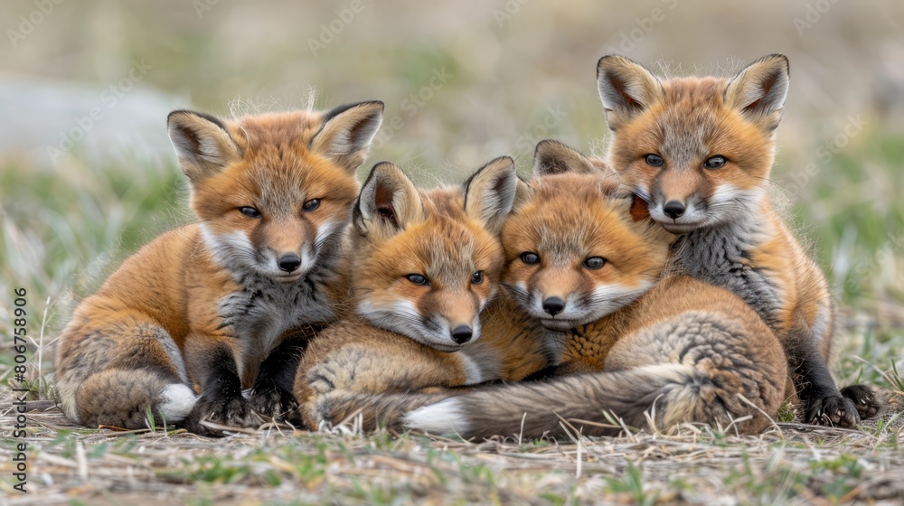 Obraz premium A group of foxes seated side by side atop a verdant field, gazing at the camera
