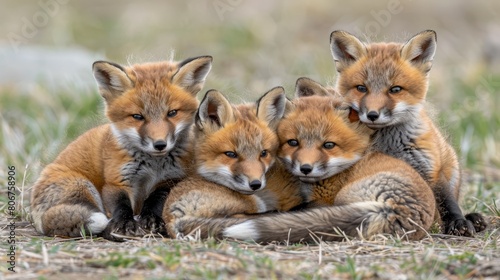  A group of foxes seated side by side atop a verdant field, gazing at the camera