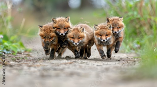  A red fox quartet dashing down a dirt path surrounded by tall grass and lush bushes under a radiant sun
