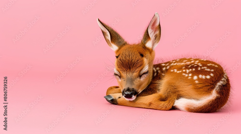 Fototapeta premium A small deer rests atop a pink floor Nearby, another small deer head is mounted on the pink wall