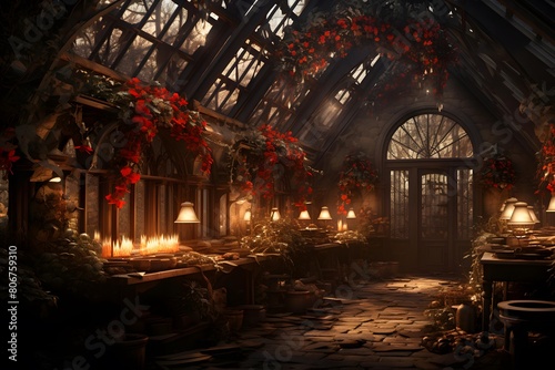 3d rendering of an old greenhouse with a lot of red flowers
