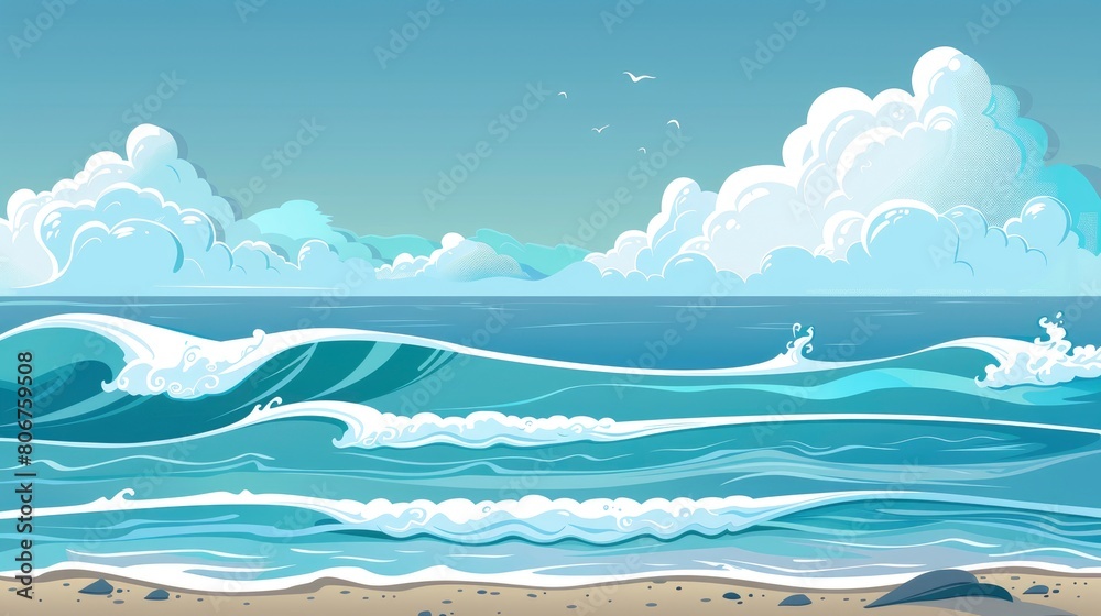 Summer Seascape Featuring Beautiful Waves Against A Backdrop Of Clear Blue Sea, Inviting Relaxation And Tranquility, Cartoon Background Summer Seascape Featuring Beautiful Waves Against A Backdrop Of Clear Blue Sea, Inviting Relaxation And Tranquility, Cartoon Background