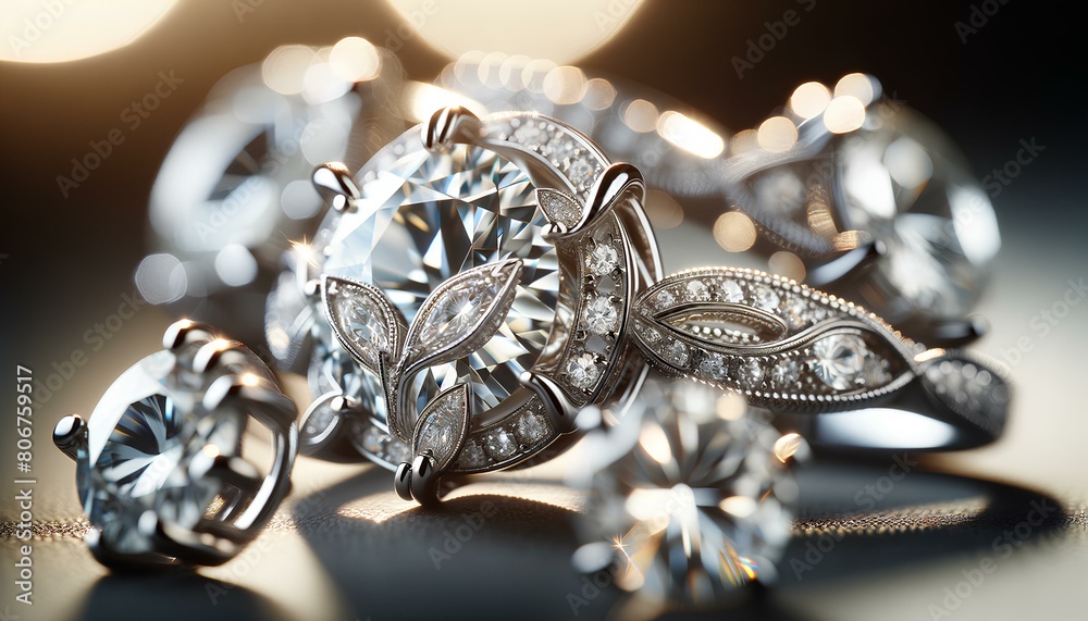 Images of diamond jewelry, showcasing rings, necklaces, and earrings with sparkling diamonds against a softly blurred background Images of diamond jewelry, showcasing rings, necklaces, and earrings with sparkling diamonds against a softly blurred background