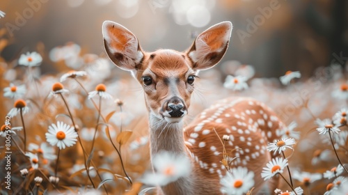   A tight shot of a deer among flowering field, daisies prominent in the foreground, background softly blurred photo