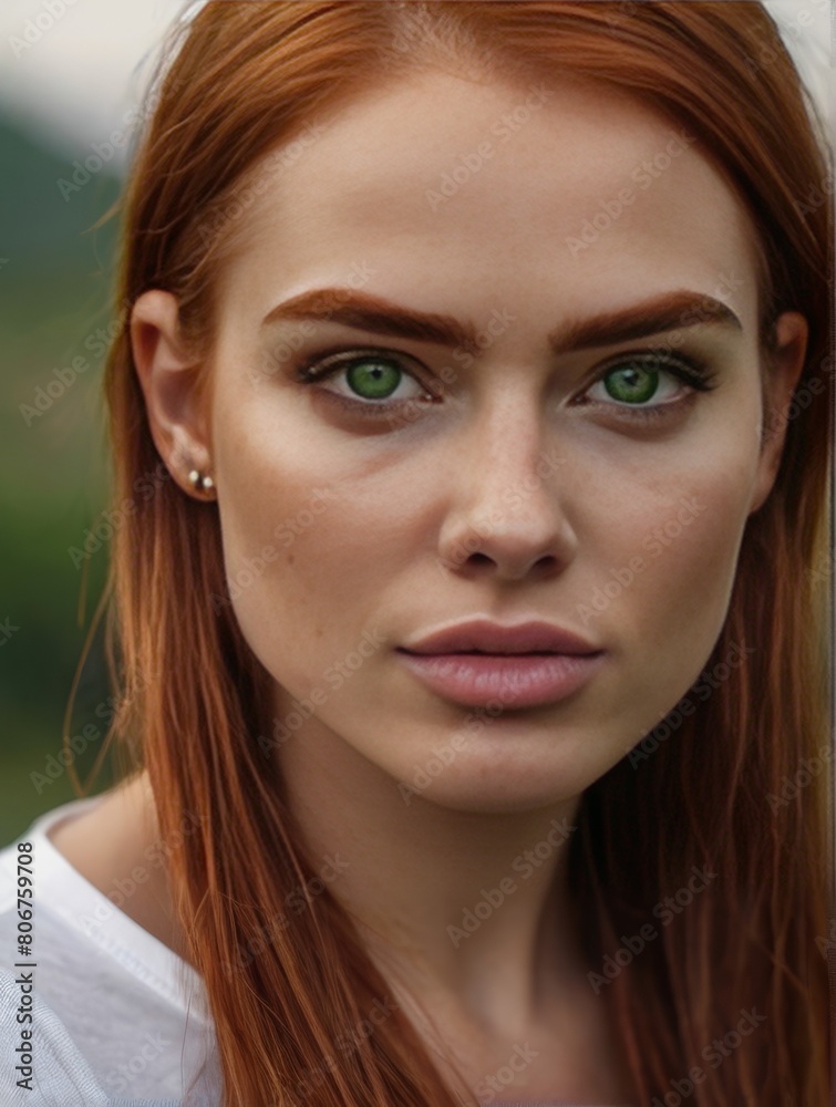 Portrait of a beautiful red-haired girl with green eyes, close-up. Portrait of a beautiful red-haired girl with green eyes, close-up.