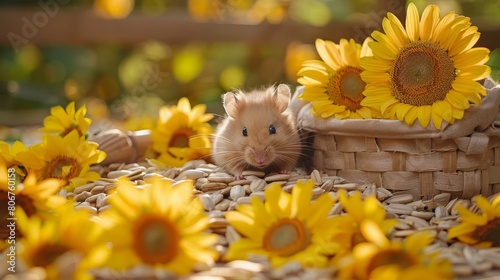   A hamster next to a sunflower basket on a sunflower bed