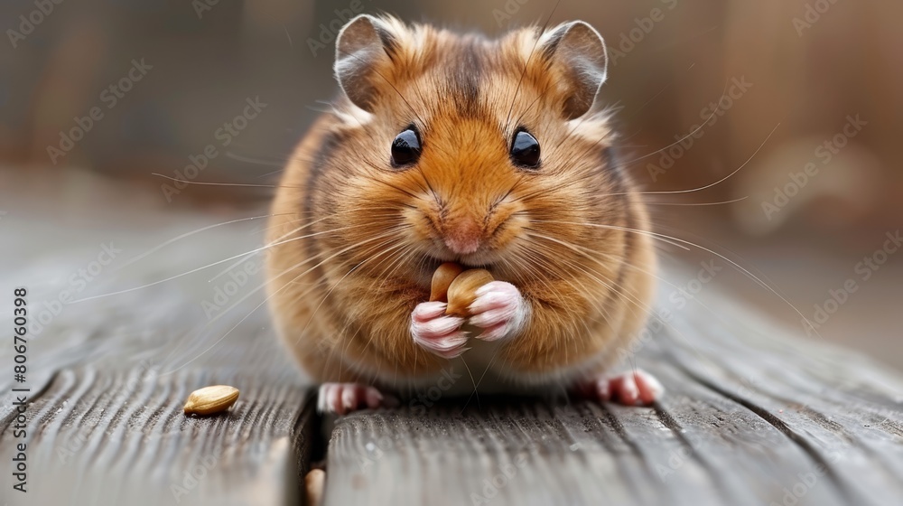 A tight shot of a small rodent nibbling peanuts on a weathered wood table, with an indistinct background A tight shot of a small rodent nibbling peanuts on a weathered wood table, with an indistinct background
