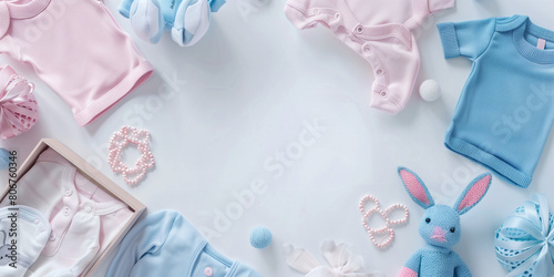 Overhead view of a delightful collection of baby clothes and cuddly toys, perfect for new parents or baby shower themes photo