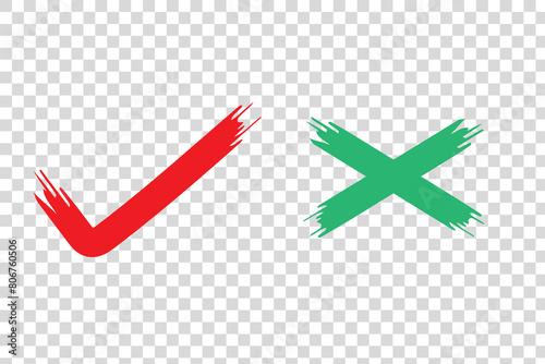 Dirty grunge cross x and tick OK check marks in check boxes, hand drawn with brush strokes vector illustration.