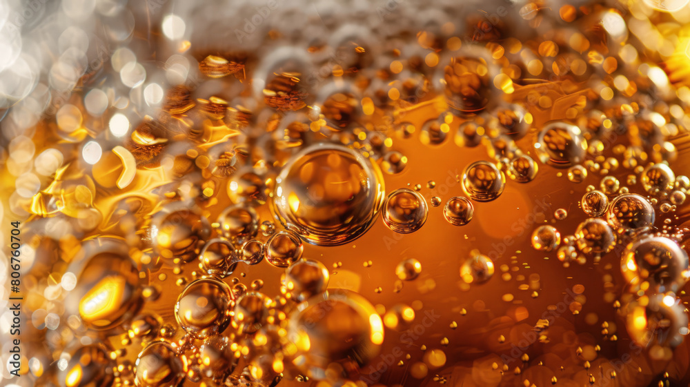 beer liquid in a glass, showing the fine bubbles and rich golden color,generative ai