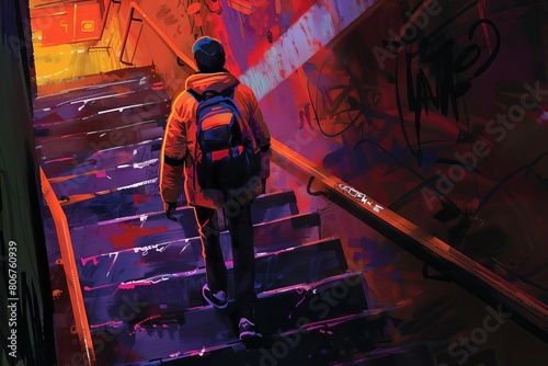 essential delivery hero couriers stairway ascent backpack burden digital painting