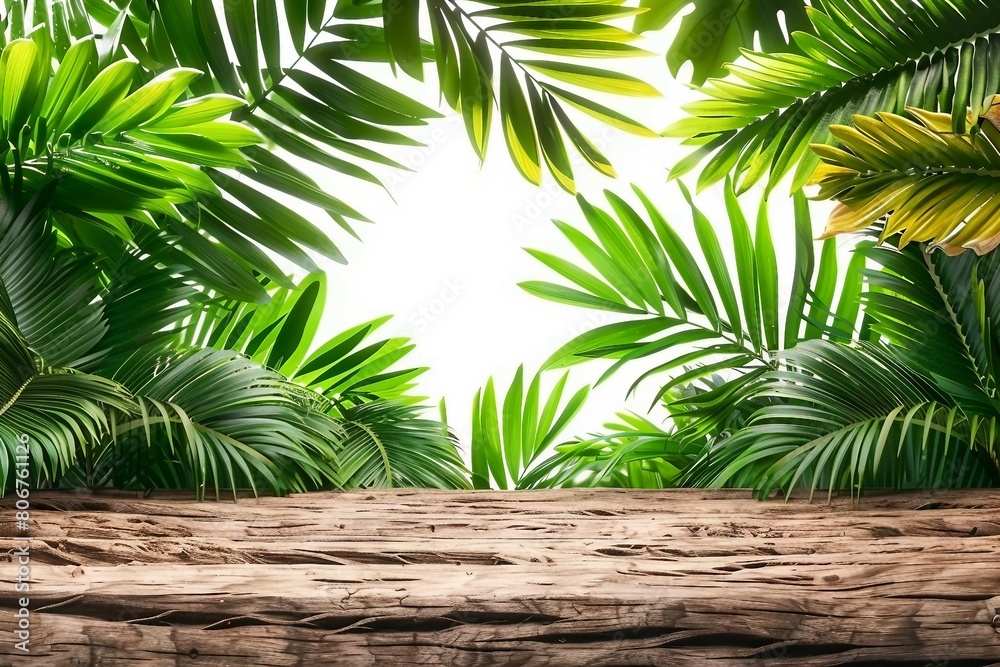 wooden table top with spring green palm leafs free space for text Product display background concept wooden table top with spring green palm leafs free space for text Product display background concept