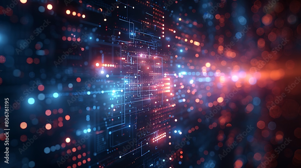 Naklejka premium A futuristic interface design featuring sharp squares and soft circles seamlessly blending into a blue gradient, creating a digital mosaic that is both intricate and captivating.