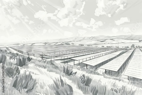expansive solar panel farm project sketch rows of photovoltaic panels in open field