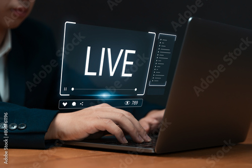 Live Streaming tool for business promotion concept, using laptop computer live streaming broadcasting job and creativeness content online digital internet.