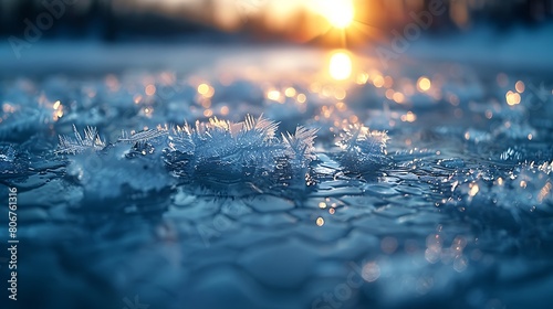 A high-resolution image of an icy surface, shimmering under a weak winter sun, capturing the intricate patterns of frost and the reflective quality of the ice. photo