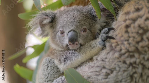   A koala rests atop an adjacent tree branch, its head close to that of another koala