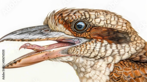  A depiction of a bird with an open beak, holding a fish likewise Each mouth agape
