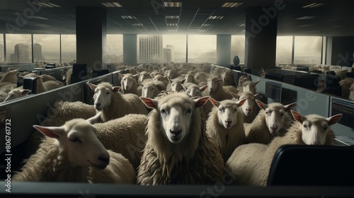 Produce a CG 3D rendering of a panoramic view capturing the tense atmosphere as a wolf in sheeps clothing maneuvers through a labyrinth of office cubicles