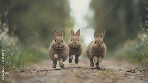   Three rabbits dash down a dirt path, framed by tall forest grasses and towering trees in the background © Wall