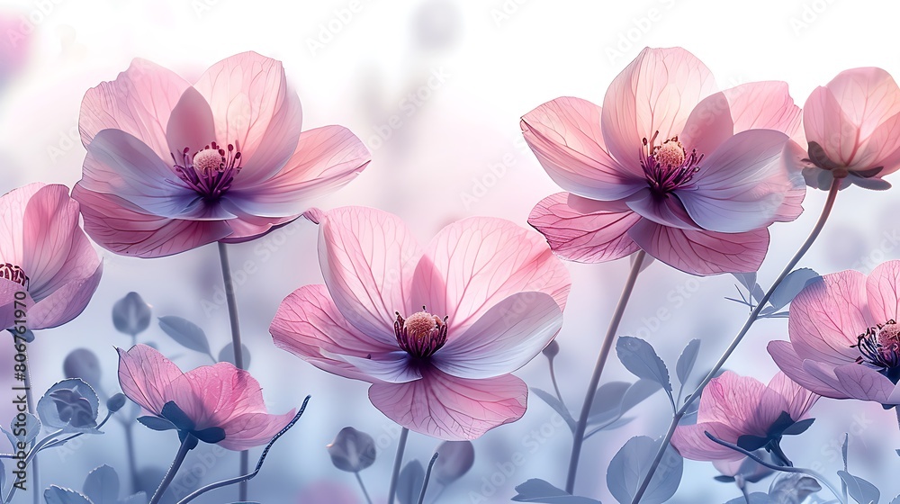 A minimalist composition featuring whisper-thin floral outlines that seem to float across a muted lilac backdrop, suggesting the fragile beauty of early spring blooms.
