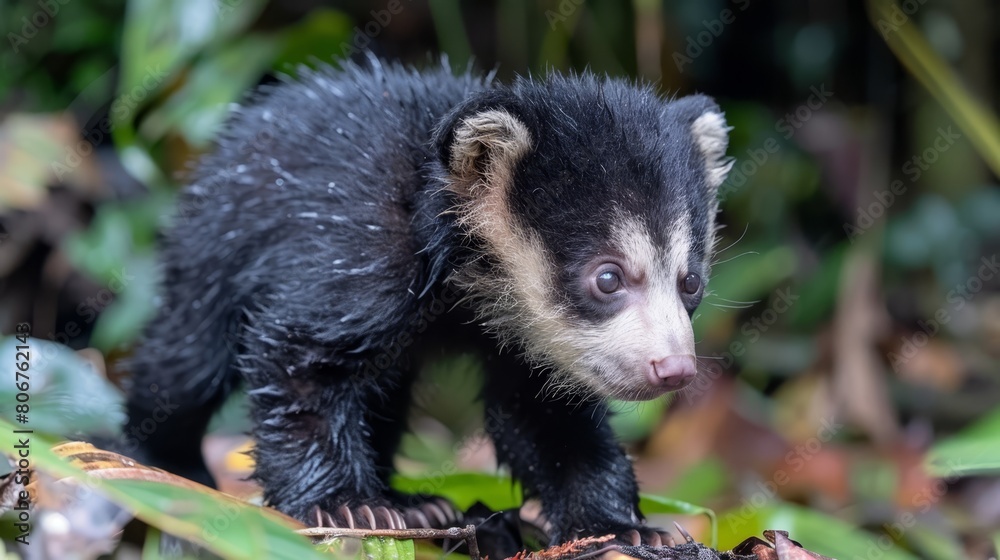 A small black-and-white animal stands atop a forest floor dotted with green leaves Surrounding it is a lush, green forest filled with leaves A small black-and-white animal stands atop a forest floor dotted with green leaves Surrounding it is a lush, green forest filled with leaves