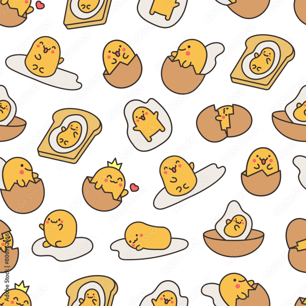 Kawaii yolk with funny face. Seamless pattern. Cartoon egg character for breakfast. Hand drawn style. Vector drawing. Design ornaments. Kawaii yolk with funny face. Seamless pattern. Cartoon egg character for breakfast. Hand drawn style. Vector drawing. Design ornaments.