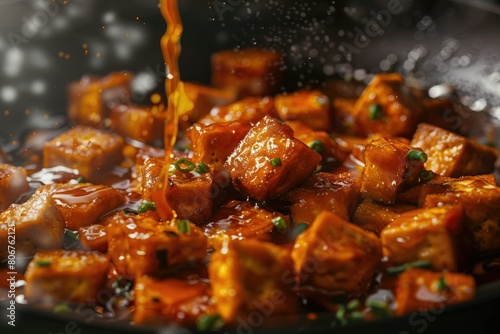 Flourishing Finish Crispy fried tofu pieces being tossed in a sweet and savory sauce  showcasing a versatile protein option