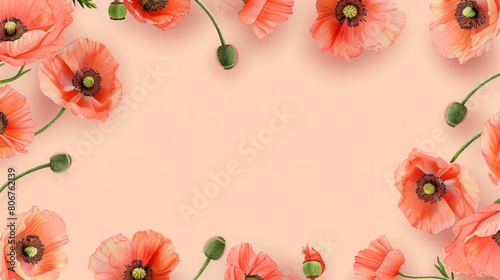 watercolor pastel poppy flowers pattern frame with copy space.