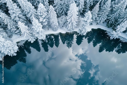 frozen winter wonderland with snowcovered trees reflecting on tranquil lake aerial drone photography